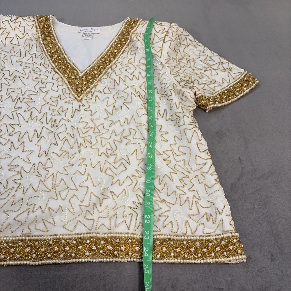 Laurence Kazar Ivory & Gold Sequined Beaded Pearl Silk Blouse Luxury XXL Charity - Picture 3 of 10